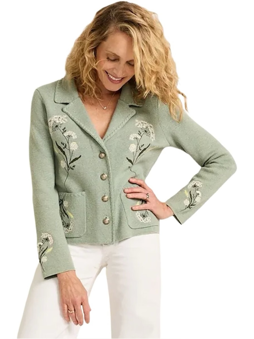 PENDLETON MERINO WOOL COTTON Embroidered Floral Knit Jacket - Sage Green Size S